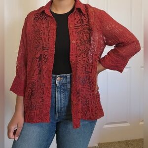 Red Lace Button-Up Women's Top